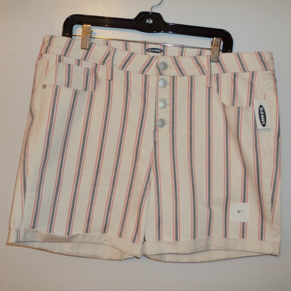 NWT Old Navy Shorts Women's Sz 16 Striped Button Flat Front White Red Blue Denim - Picture 1 of 11